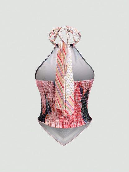 Sweetra Reversible Crochet Spaghetti Strap Sleeveless Printed Backless Tank Top, Suitable For Beach And Summer Vacation