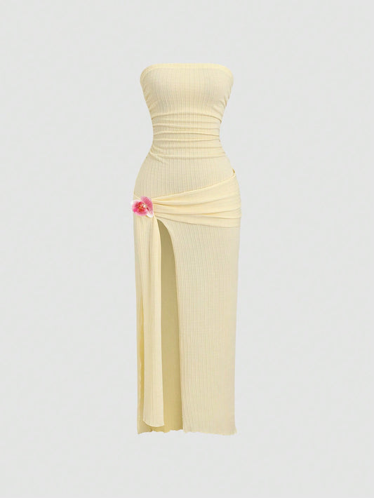 Sweetra Ruched High Slit Bandeau Bodycon Dress, Elegant