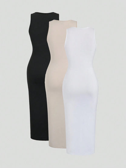 Sweetra Slim Fit Sleeveless Ruched Vest Dress Set Maxi Women Outfit