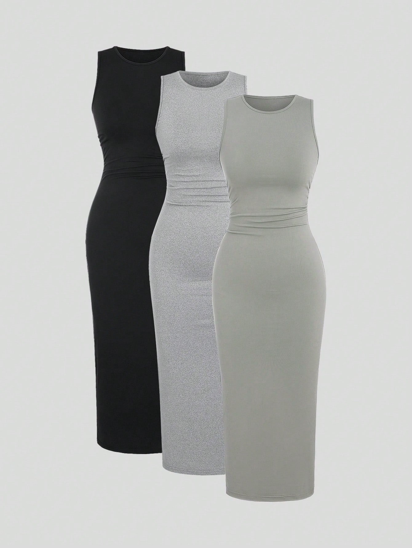 Sweetra Slim Fit Sleeveless Ruched Vest Dress Set Maxi Women Outfit
