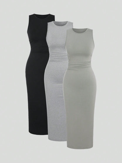Sweetra Slim Fit Sleeveless Ruched Vest Dress Set Maxi Women Outfit