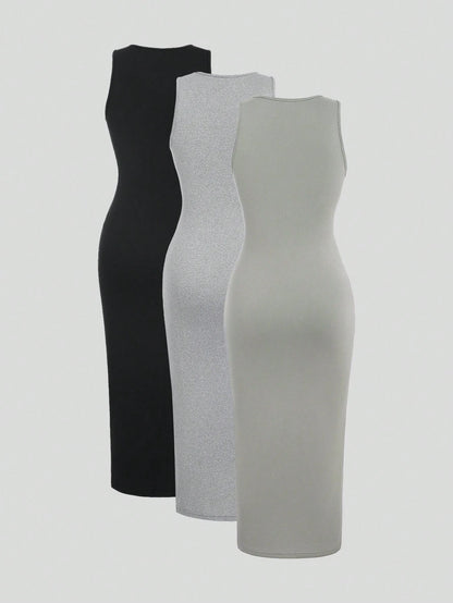 Sweetra Slim Fit Sleeveless Ruched Vest Dress Set Maxi Women Outfit