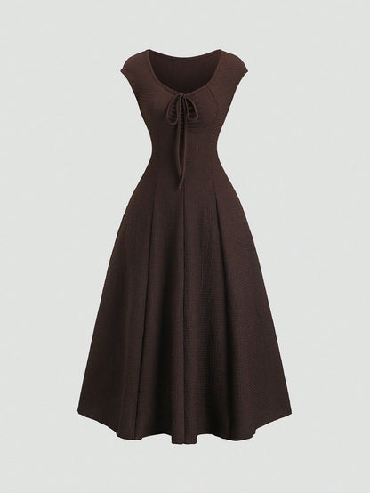 Sweetra Solid Color Cinched Waist Fitted Knit Maxi Dress, European And American Style