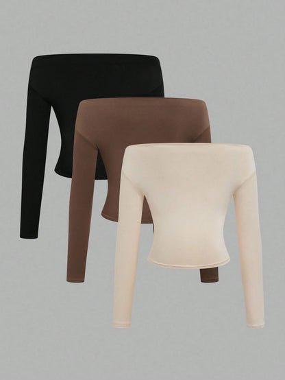 Sweetra Solid Color Cold Shoulder Top, Fitted Long Sleeve, Casual & Fashionable, Suitable For Daily Wear Fall