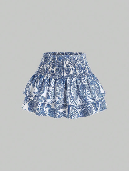 Sweetra Spring/Summer Casual Cashew Flower Pattern High Waist Pleated Ruffles Hem Short Skirt For Women