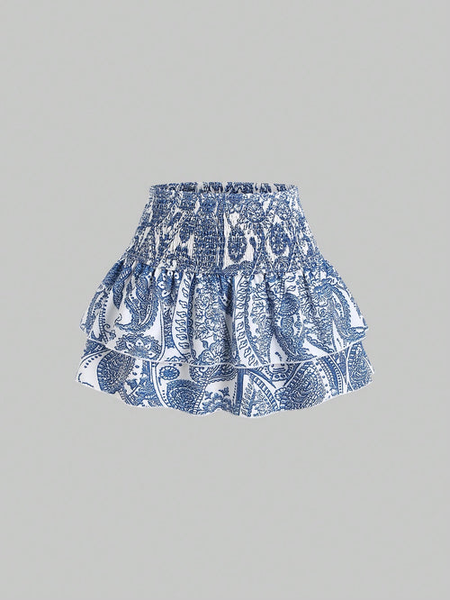 Sweetra Spring/Summer Casual Cashew Flower Pattern High Waist Pleated Ruffles Hem Short Skirt For Women