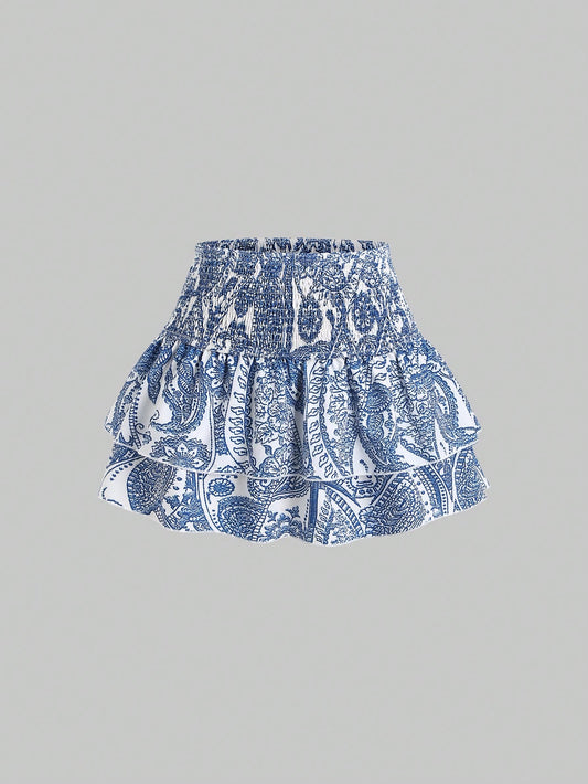 Sweetra Spring/Summer Casual Cashew Flower Pattern High Waist Pleated Ruffles Hem Short Skirt For Women