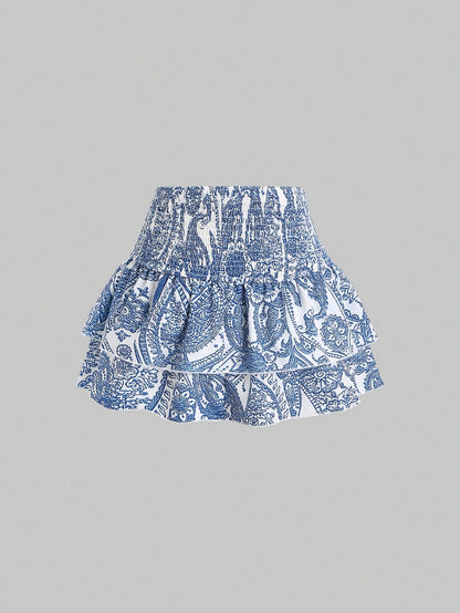 Sweetra Spring/Summer Casual Cashew Flower Pattern High Waist Pleated Ruffles Hem Short Skirt For Women