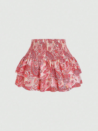 Sweetra Spring/Summer Casual Cashew Flower Pattern High Waist Pleated Ruffles Hem Short Skirt For Women
