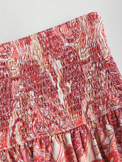 Sweetra Spring/Summer Casual Cashew Flower Pattern High Waist Pleated Ruffles Hem Short Skirt For Women