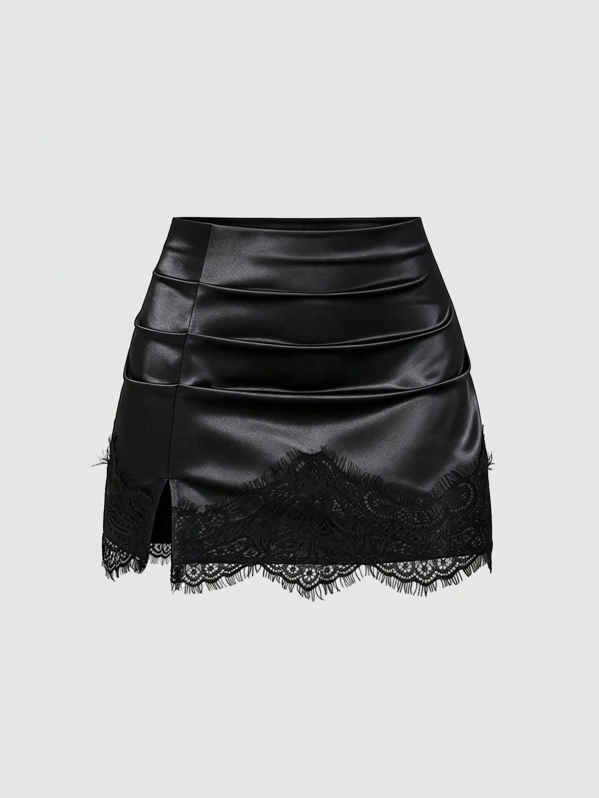Sweetra Summer Fashion New American Minimalist Black Satin Tight Lace Patchwork Anti-Exposure Short Skirt, Casual Streetwear