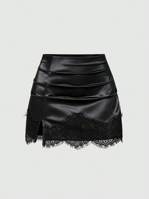 Sweetra Summer Fashion New American Minimalist Black Satin Tight Lace Patchwork Anti-Exposure Short Skirt, Casual Streetwear