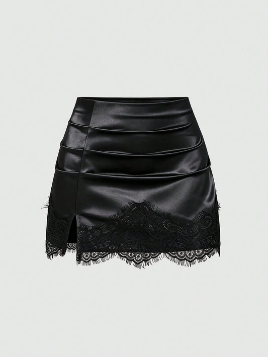 Sweetra Summer Fashion New American Minimalist Black Satin Tight Lace Patchwork Anti-Exposure Short Skirt, Casual Streetwear