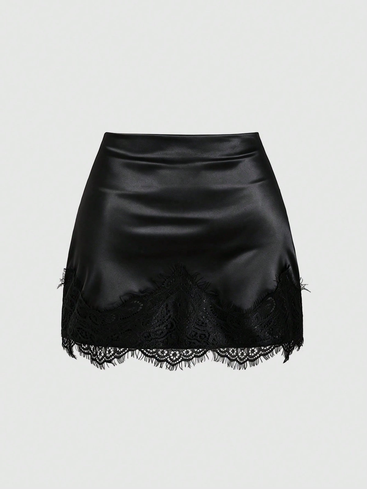 Sweetra Summer Fashion New American Minimalist Black Satin Tight Lace Patchwork Anti-Exposure Short Skirt, Casual Streetwear