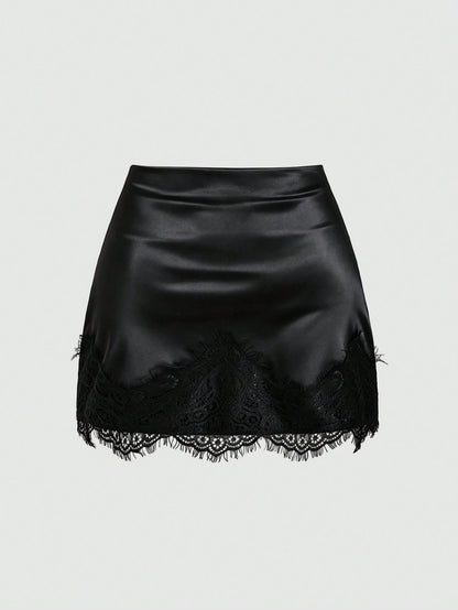 Sweetra Summer Fashion New American Minimalist Black Satin Tight Lace Patchwork Anti-Exposure Short Skirt, Casual Streetwear
