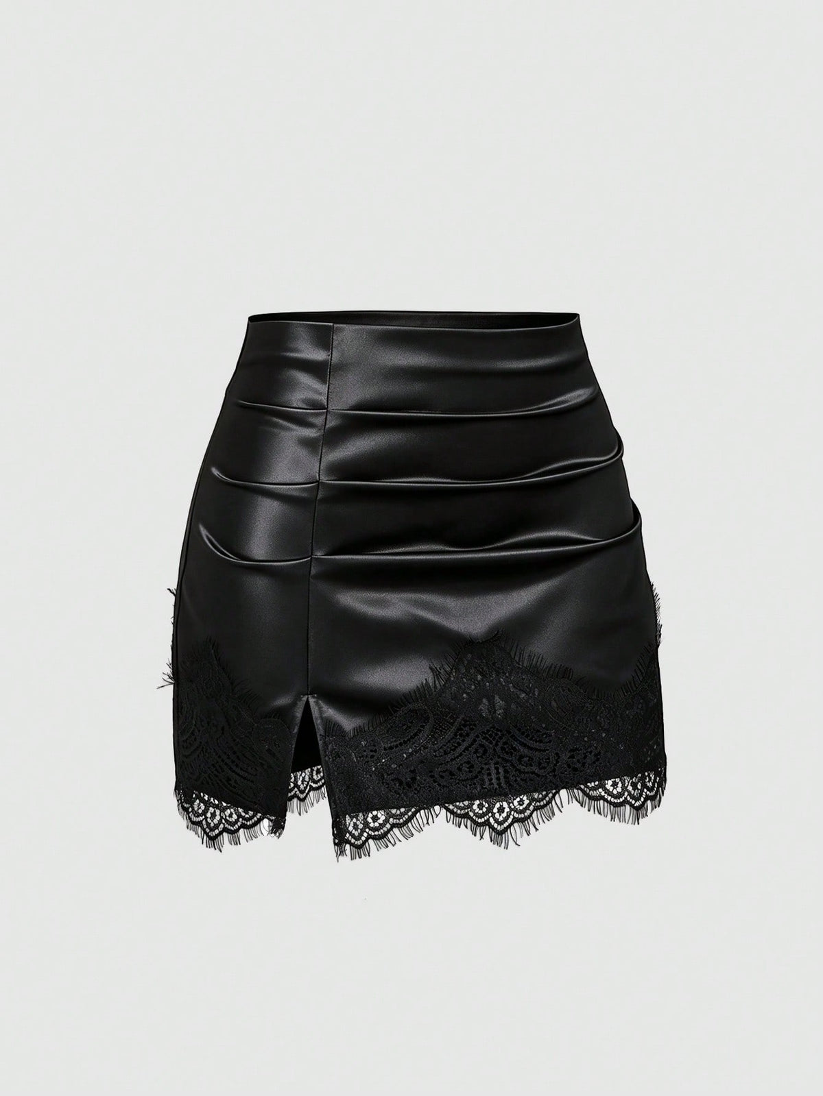 Sweetra Summer Fashion New American Minimalist Black Satin Tight Lace Patchwork Anti-Exposure Short Skirt, Casual Streetwear