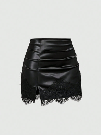 Sweetra Summer Fashion New American Minimalist Black Satin Tight Lace Patchwork Anti-Exposure Short Skirt, Casual Streetwear