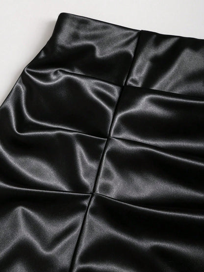 Sweetra Summer Fashion New American Minimalist Black Satin Tight Lace Patchwork Anti-Exposure Short Skirt, Casual Streetwear