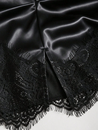 Sweetra Summer Fashion New American Minimalist Black Satin Tight Lace Patchwork Anti-Exposure Short Skirt, Casual Streetwear