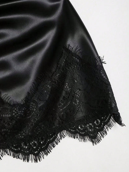 Sweetra Summer Fashion New American Minimalist Black Satin Tight Lace Patchwork Anti-Exposure Short Skirt, Casual Streetwear
