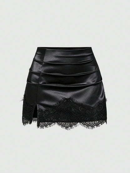 Sweetra Summer Fashion New American Minimalist Black Satin Tight Lace Patchwork Anti-Exposure Short Skirt, Casual Streetwear