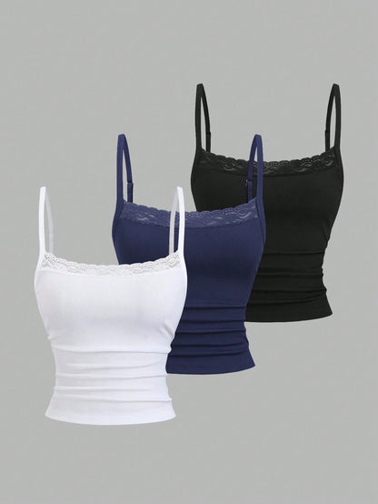 Sweetra Sweet Hot Girl Cute Sweet Elegant Music Festival Vacation Casual All-Match Daily Date Versatile Work School Inner Wear Tight Fit White Pink Black Lace Camisole Tank Top Short Backless Top
