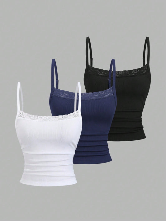 Sweetra Sweet Hot Girl Cute Sweet Elegant Music Festival Vacation Casual All-Match Daily Date Versatile Work School Inner Wear Tight Fit White Pink Black Lace Camisole Tank Top Short Backless Top