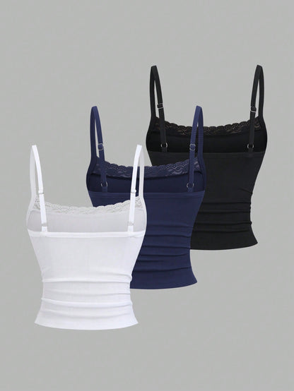 Sweetra Sweet Hot Girl Cute Sweet Elegant Music Festival Vacation Casual All-Match Daily Date Versatile Work School Inner Wear Tight Fit White Pink Black Lace Camisole Tank Top Short Backless Top
