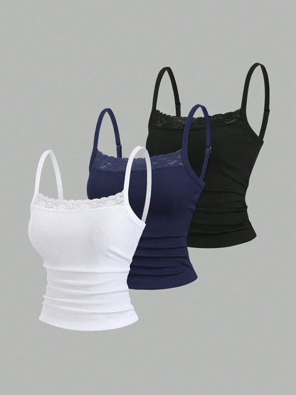 Sweetra Sweet Hot Girl Cute Sweet Elegant Music Festival Vacation Casual All-Match Daily Date Versatile Work School Inner Wear Tight Fit White Pink Black Lace Camisole Tank Top Short Backless Top