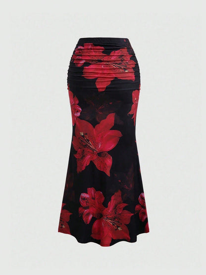 Sweetra Women's All-Over Floral Print Pleated A-Line Skirt, Casual Vacation Maxi Skirt Fall Cloth For Women
