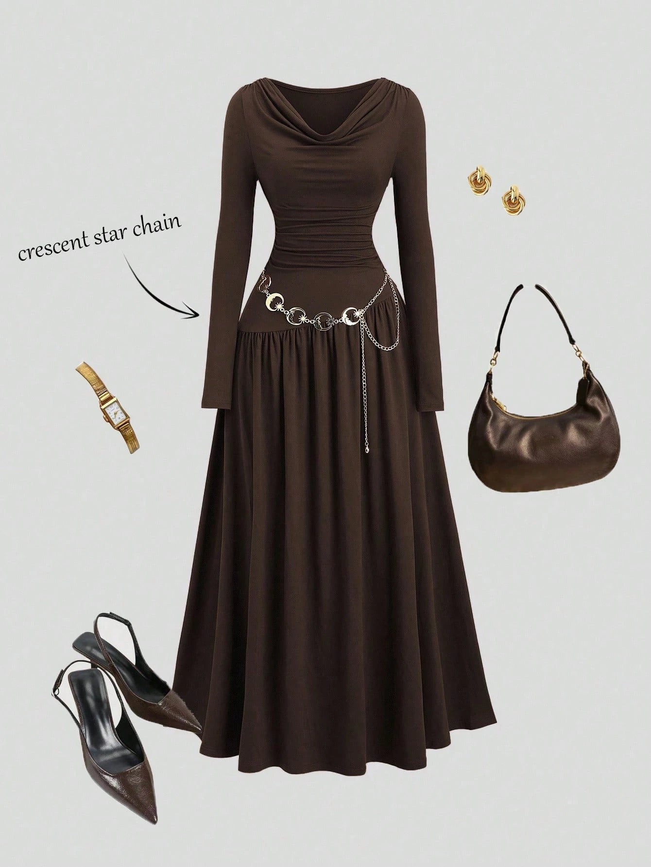 Sweetra Women's Autumn/Winter Coffee-Color Plunging Neck Long Sleeve Minimalist Elegant Necklace Decor Dress Elegant Dress