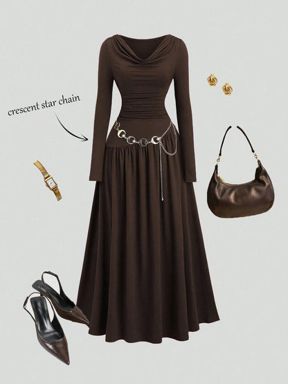 Sweetra Women's Autumn/Winter Coffee-Color Plunging Neck Long Sleeve Minimalist Elegant Necklace Decor Dress Elegant Dress