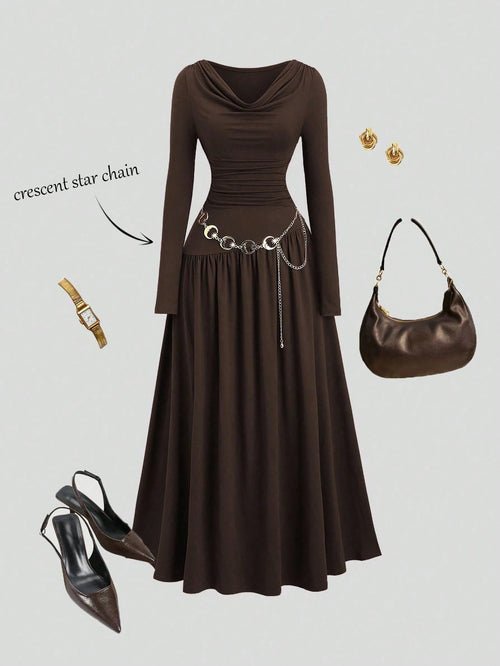 Sweetra Women's Autumn/Winter Coffee Color Plunging Necklace Decor Long Sleeve Simple Elegant Dress
