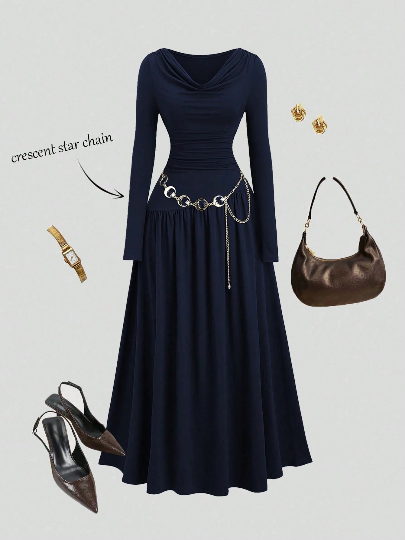 Sweetra Women's Autumn/Winter Coffee Color Plunging Necklace Decor Long Sleeve Simple Elegant Dress