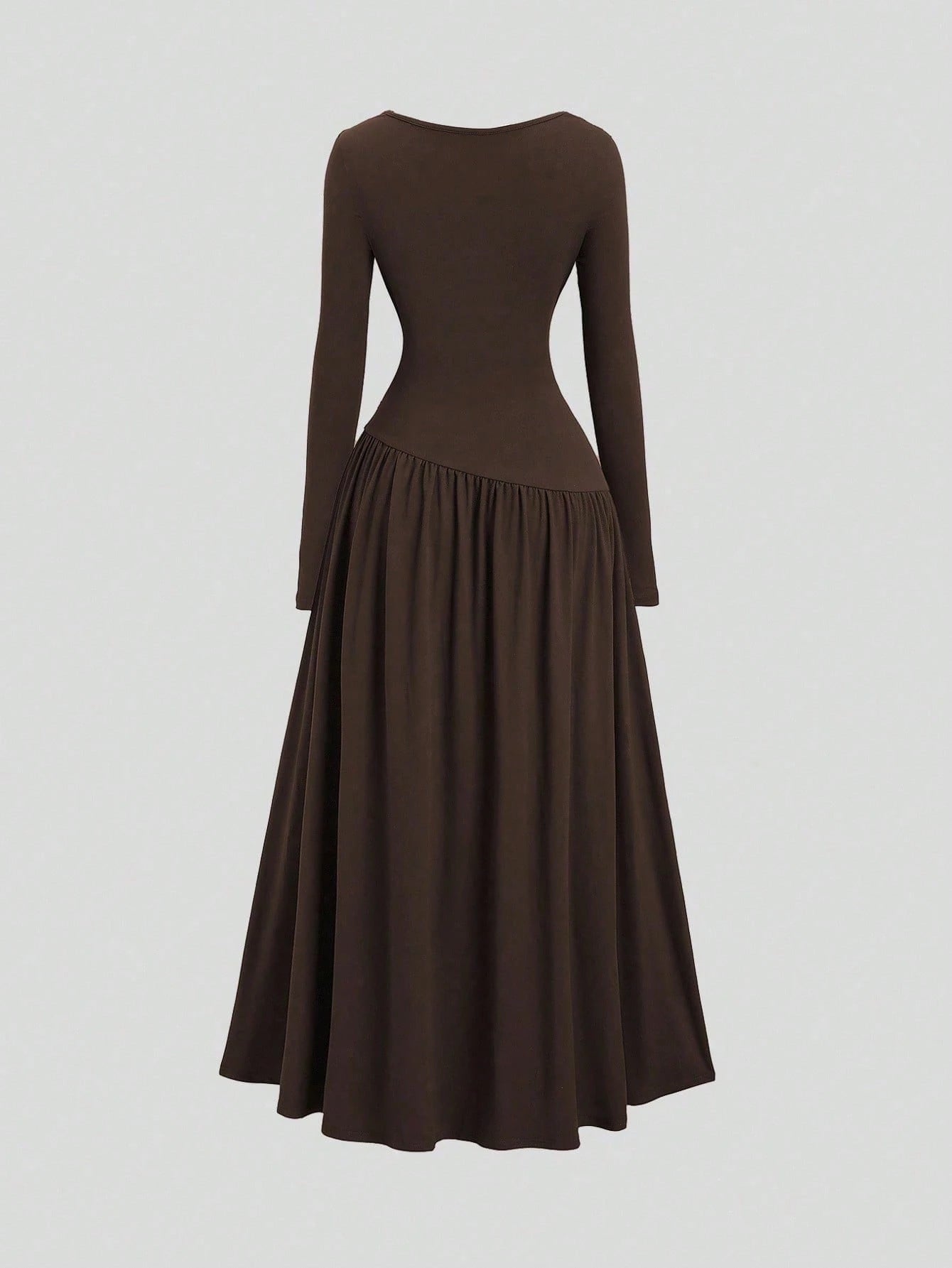 Sweetra Women's Autumn/Winter Coffee Color Plunging Necklace Decor Long Sleeve Simple Elegant Dress