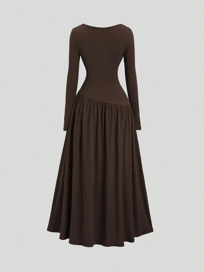 Sweetra Women's Autumn/Winter Coffee Color Plunging Necklace Decor Long Sleeve Simple Elegant Dress