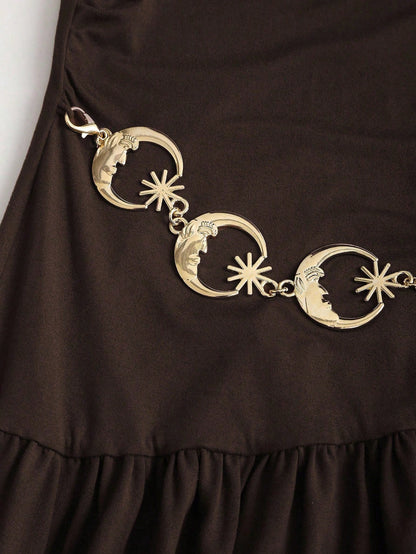 Sweetra Women's Autumn/Winter Coffee Color Plunging Necklace Decor Long Sleeve Simple Elegant Dress