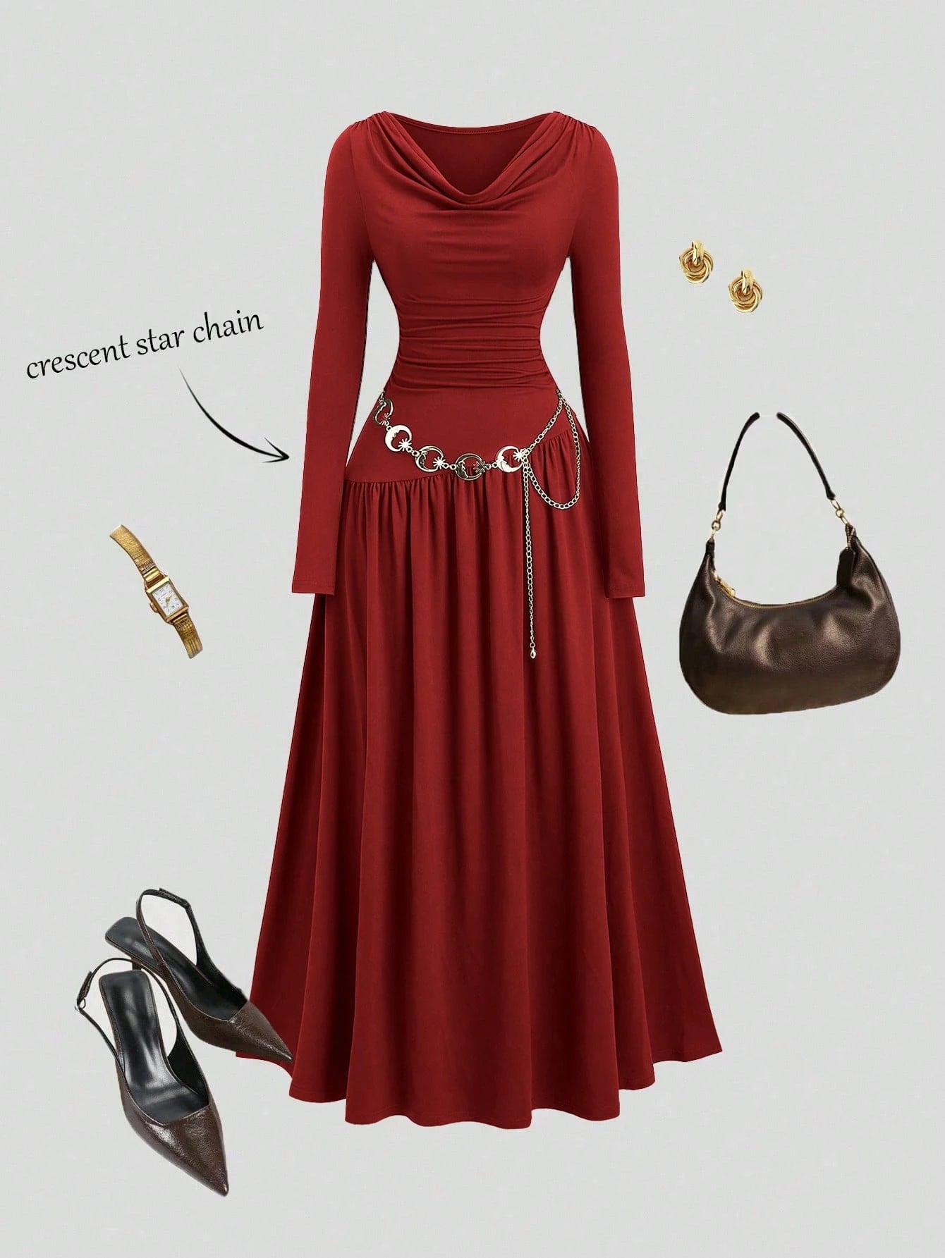 Sweetra Women's Autumn/Winter Coffee Color Plunging Necklace Decor Long Sleeve Simple Elegant Dress