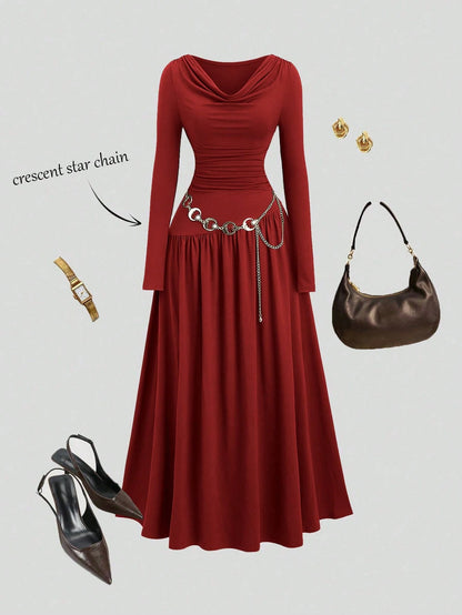 Sweetra Women's Autumn/Winter Coffee Color Plunging Necklace Decor Long Sleeve Simple Elegant Dress