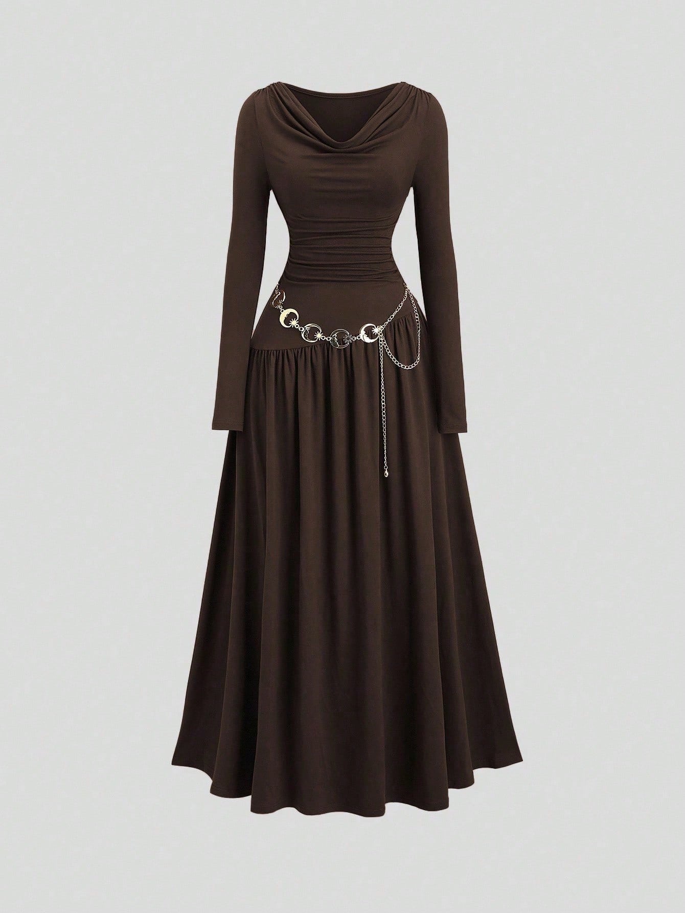 Sweetra Women's Autumn/Winter Coffee Color Plunging Necklace Decor Long Sleeve Simple Elegant Dress