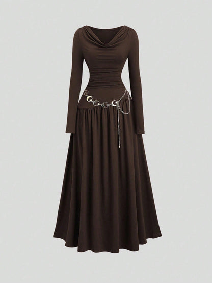 Sweetra Women's Autumn/Winter Coffee Color Plunging Necklace Decor Long Sleeve Simple Elegant Dress