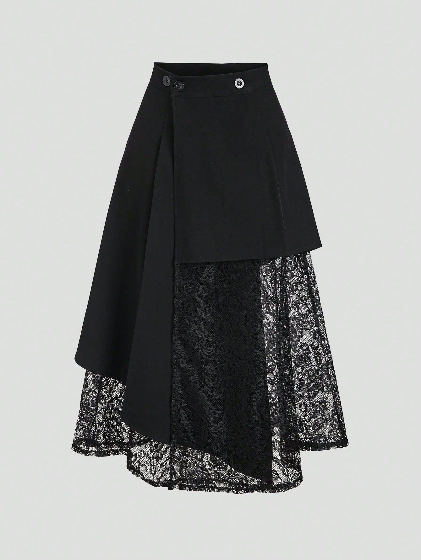 Sweetra Women's Black Asymmetrical Hollow-Out Lace Patchwork Suit Skirt, Slimming Mid-Length Skirt, Spring/Summer