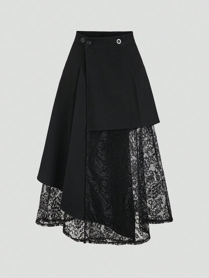 Sweetra Women's Black Asymmetrical Hollow-Out Lace Patchwork Suit Skirt, Slimming Mid-Length Skirt, Spring/Summer