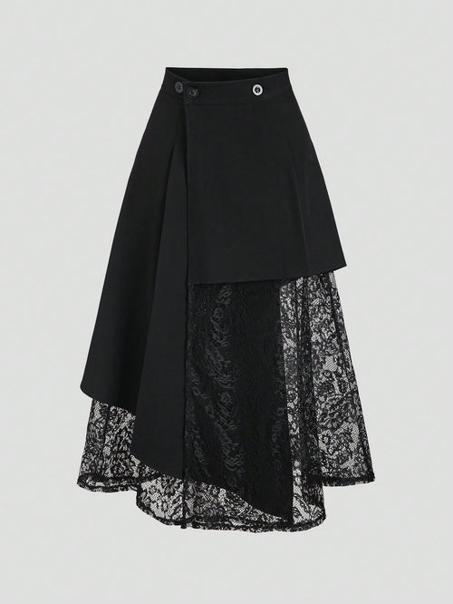 Sweetra Women's Black Asymmetrical Hollow-Out Lace Patchwork Suit Skirt, Slimming Mid-Length Skirt, Spring/Summer