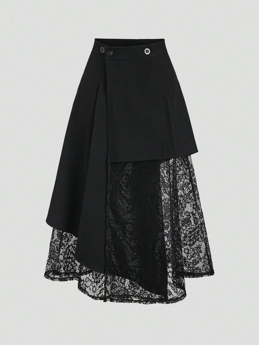 Sweetra Women's Black Asymmetrical Hollow-Out Lace Patchwork Suit Skirt, Slimming Mid-Length Skirt, Spring/Summer