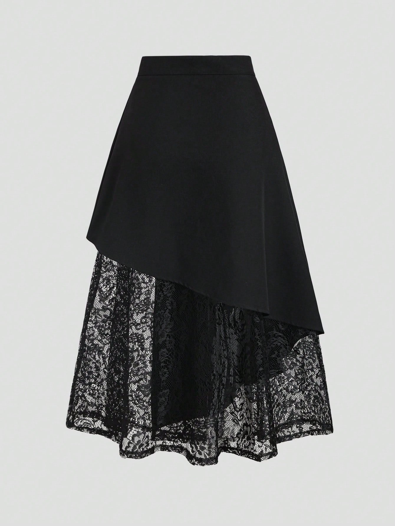 Sweetra Women's Black Asymmetrical Hollow-Out Lace Patchwork Suit Skirt, Slimming Mid-Length Skirt, Spring/Summer