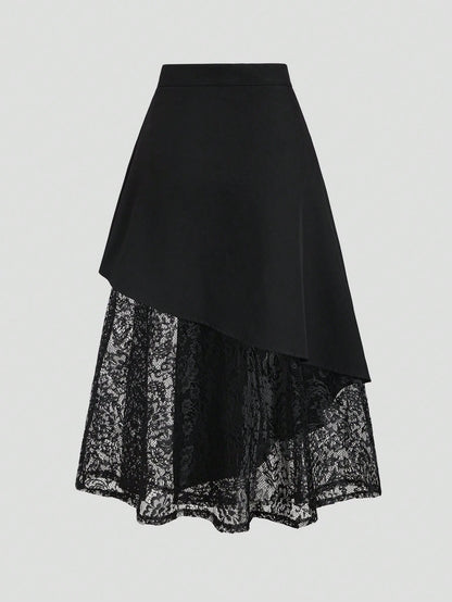 Sweetra Women's Black Asymmetrical Hollow-Out Lace Patchwork Suit Skirt, Slimming Mid-Length Skirt, Spring/Summer