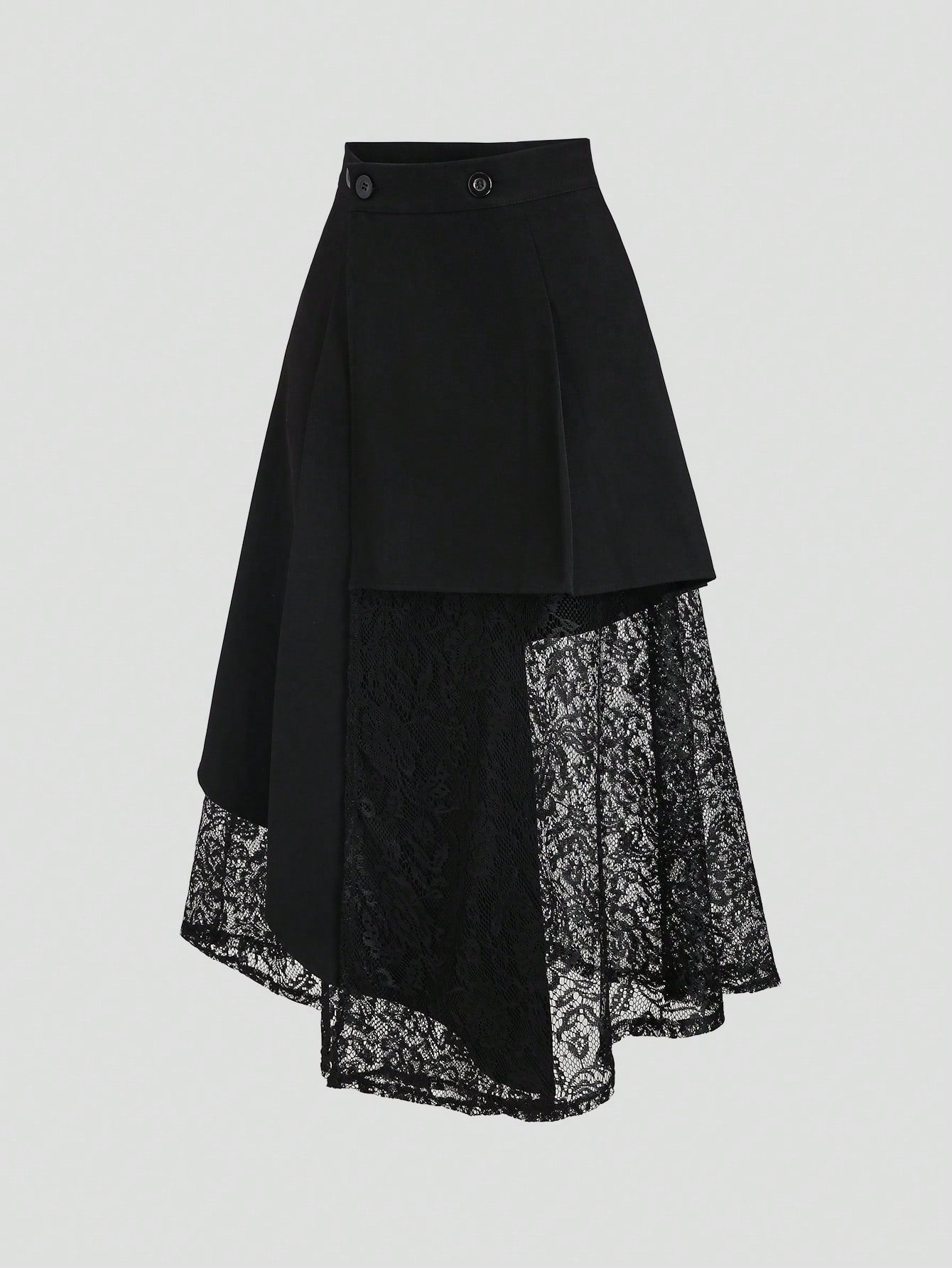 Sweetra Women's Black Asymmetrical Hollow-Out Lace Patchwork Suit Skirt, Slimming Mid-Length Skirt, Spring/Summer