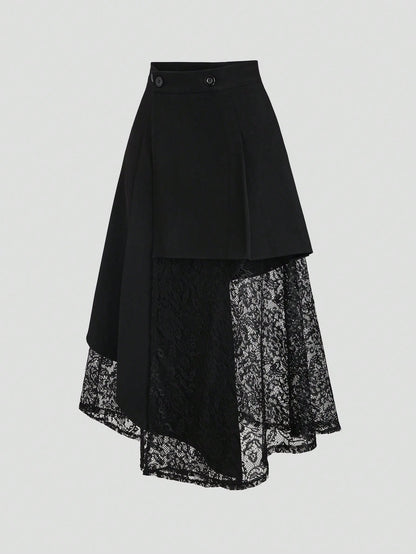 Sweetra Women's Black Asymmetrical Hollow-Out Lace Patchwork Suit Skirt, Slimming Mid-Length Skirt, Spring/Summer