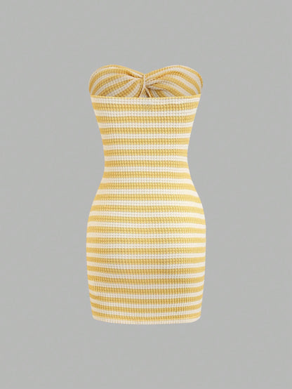 Sweetra Women's Contrast Stripe Backless Knit Tube Top Bodycon Mini Dress, Summer